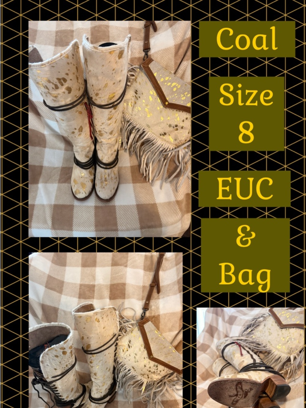 freebird White and Gold Heeled Fringe Boots with Matching Bag